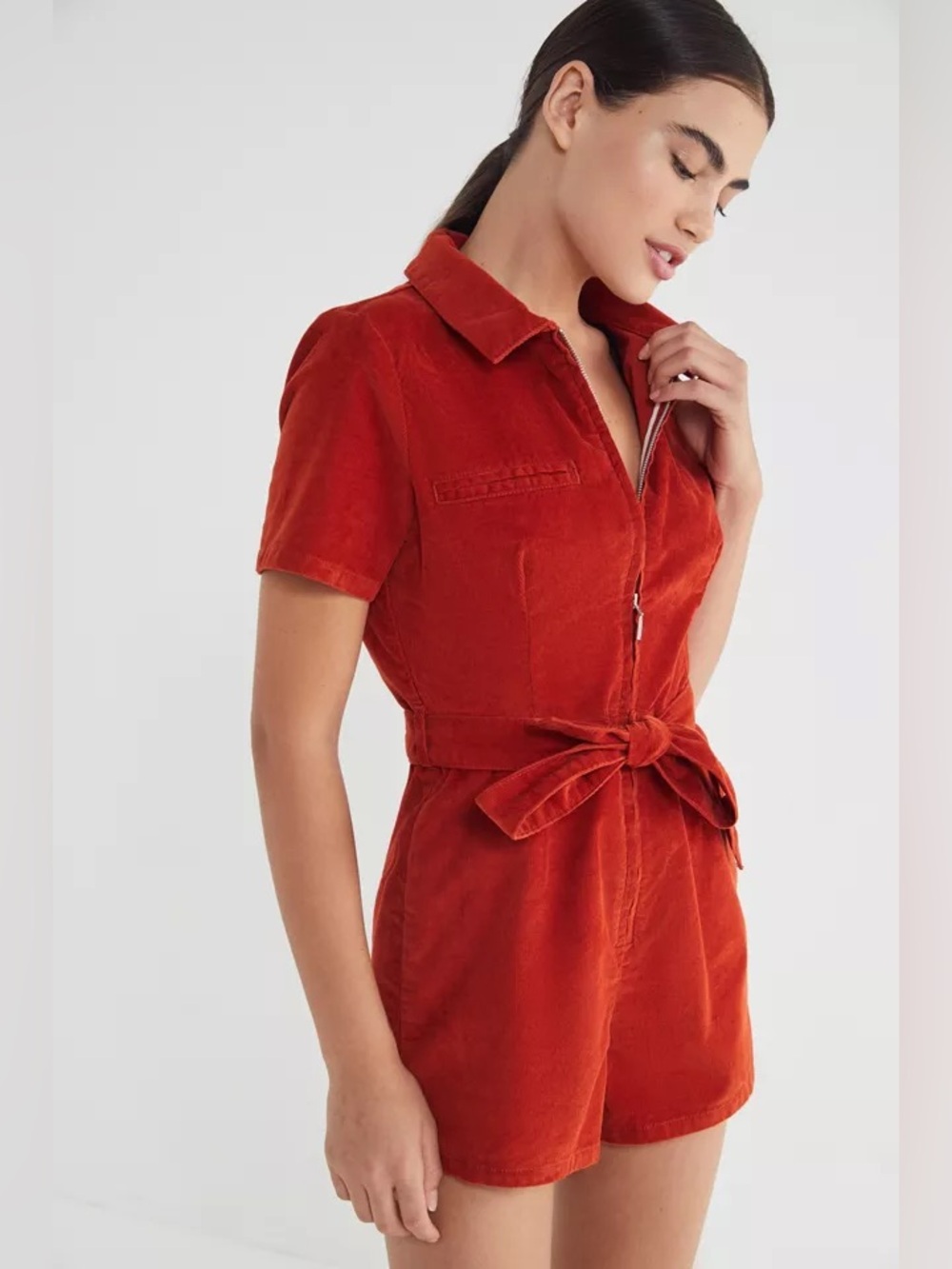 BDG Hello Sunshine Corduroy Romper Womens Size 0 Rust Half Zip Belted High Rise